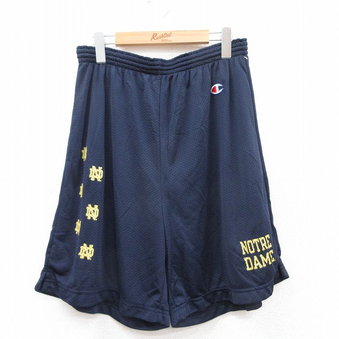 W32★古着 チャンピオン champion ショート イージー パンツ ショーツ メンズ ノートルダム メッシュ地 紺 ネイビー 25apr17 中古 ボトムス 短パン ショーパン