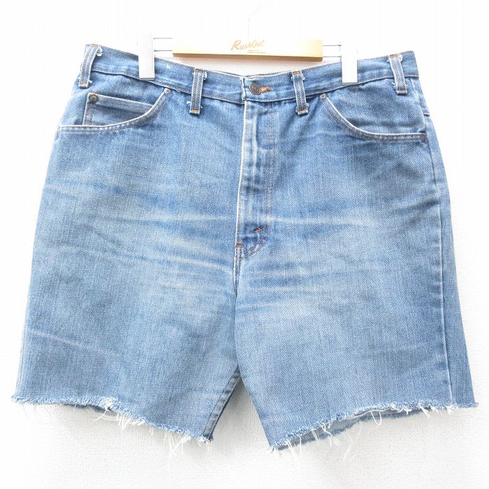 W37★古着 ショート パンツ ショーツ メンズ 80年代 80s ヒゲ 紺 ネイビー デニム 25apr19 中古 ボトムス 短パン ショーパン ハーフ