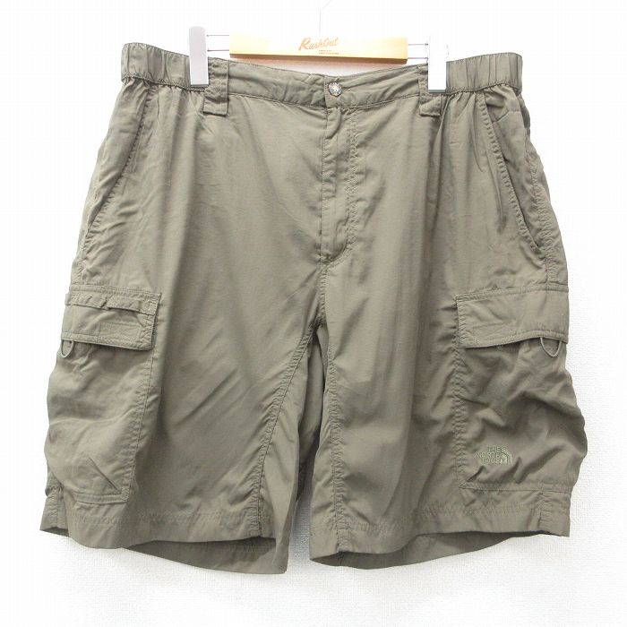 W38★古着 ノースフェイス THE NORTH FACE ショート ナイロン カーゴ パンツ ショーツ メンズ リップストップ 濃緑 グリーン 25apr19 中古 ボトムス 短パン ショーパン