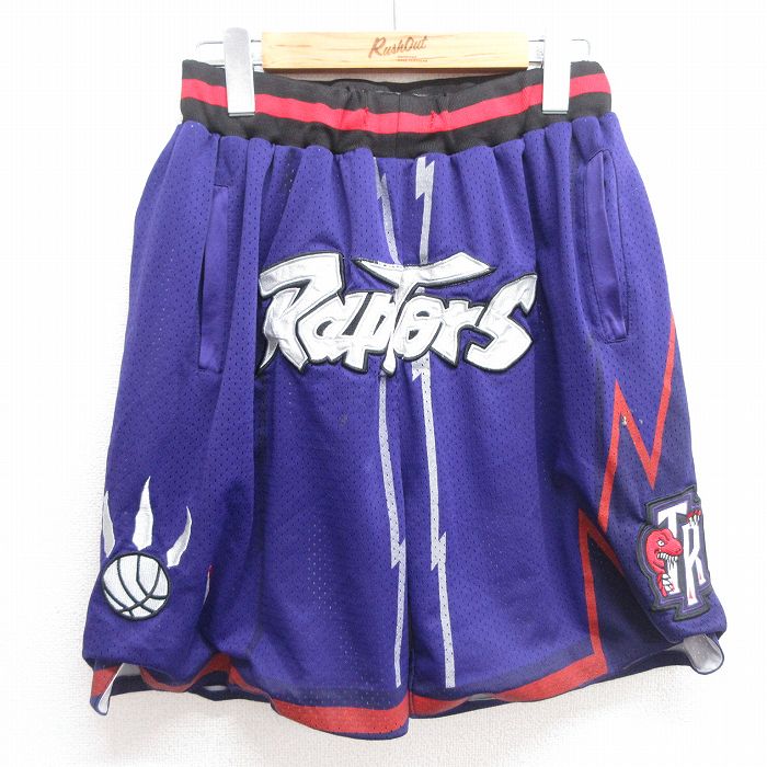 W32★古着 ハーフ トレーニング パンツ ショーツ メンズ 90年代 90s NBA トロントラプターズ メッシュ地 USA製 紫他 パープル バスケットボール 25apr21 中古 ボトムス 短パン ショーパン