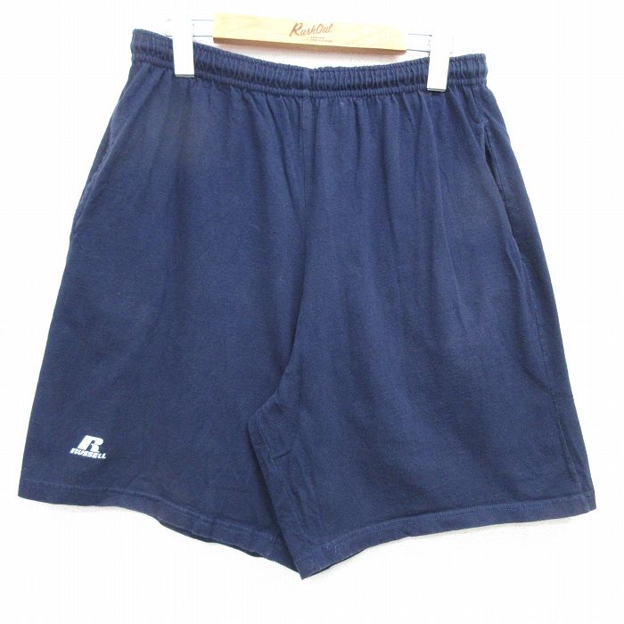 W31★古着 ラッセル ショート パンツ ショーツ メンズ 00年代 00s ワンポイントロゴ コットン 紺 ネイビー 25apr21 中古 ボトムス 短パン ショーパン ハーフ