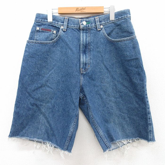 W33★古着 トミーヒルフィガー TOMMY HILFIGER トミージーンズ ブランド ショート パンツ ショーツ メンズ 90年代 90s 紺 ネイビー デニム 25apr23 中古 ボトムス 短パン ショーパン ハーフ
