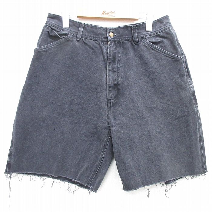 W33★古着 ショート ペインター パンツ ショーツ メンズ ダック地 コットン 黒 ブラック デニム 25apr26 中古 ボトムス 短パン ショーパン