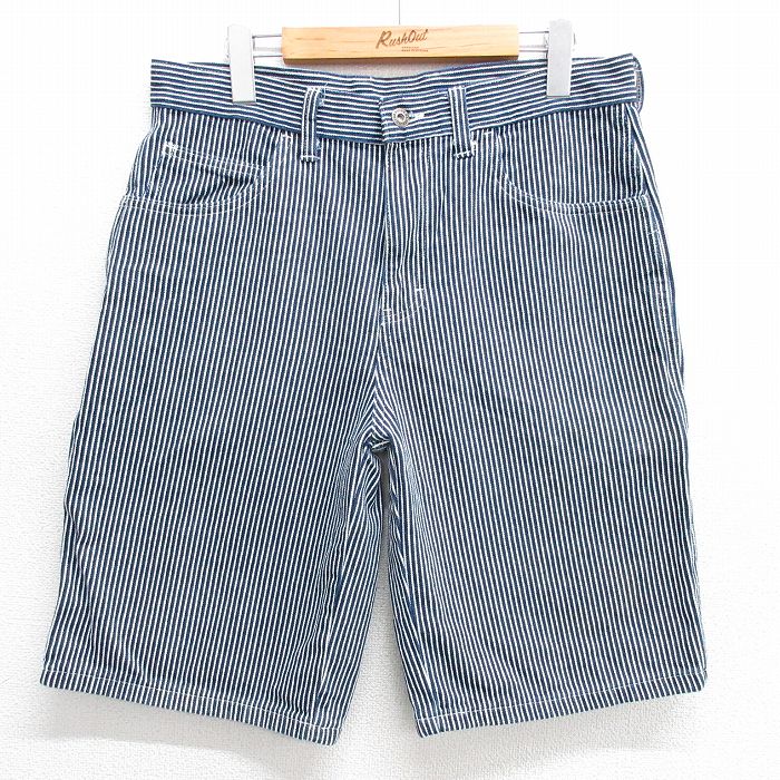 W33★古着 ディッキーズ Dickies ショート ペインター パンツ ショーツ メンズ コットン 紺他 ネイビー ストライプ ヒッコリー 25apr26 中古 ボトムス 短パン ショーパン