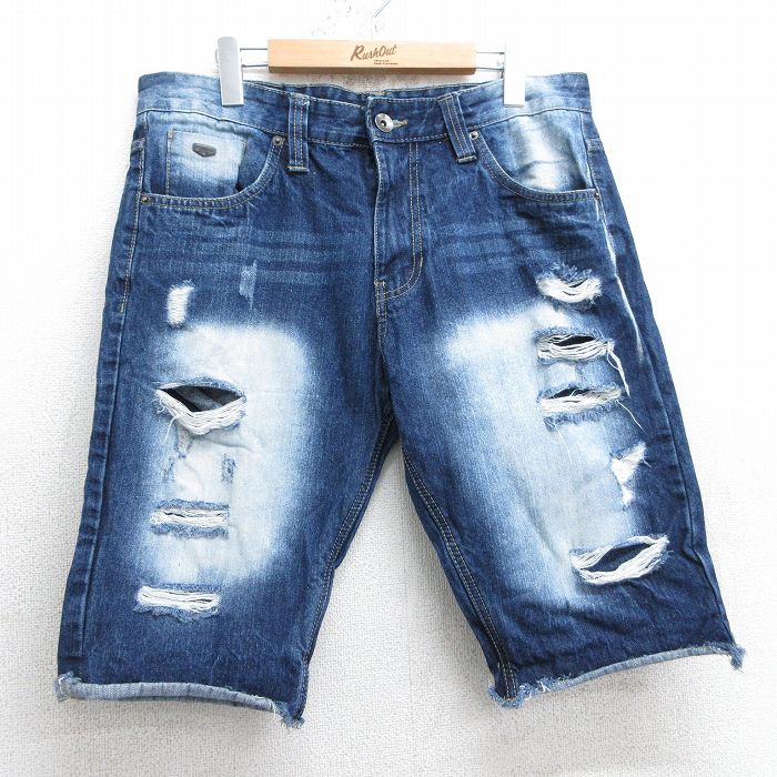 【50%OFF】W33★古着 サウスポール ショート パンツ ショーツ メンズ ヒゲ コットン 濃紺 ネイビー デニム 25apr26 中古 ボトムス 短パン ショーパン ハーフ