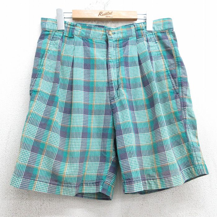 【50%OFF】W34★古着 セントジョンズベイ ショート パンツ ショーツ メンズ 90年代 90s 緑他 グリーン チェック 【spe】 25apr26 中古 ボトムス 短パン ショーパン ハーフ