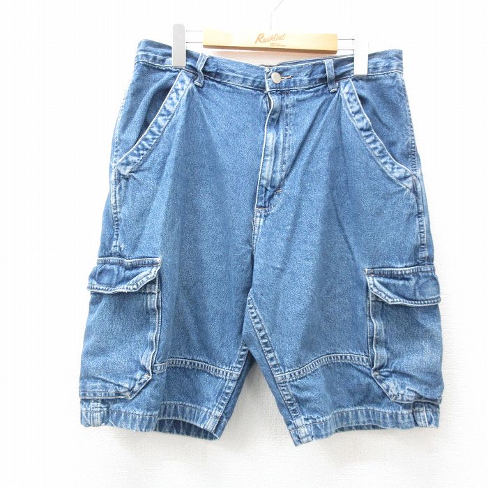W33★古着 ラングラー Wrangler ショート カーゴ パンツ ショーツ メンズ コットン 紺 ネイビー デニム 【spe】 25apr28 中古 ボトムス 短パン ショーパン