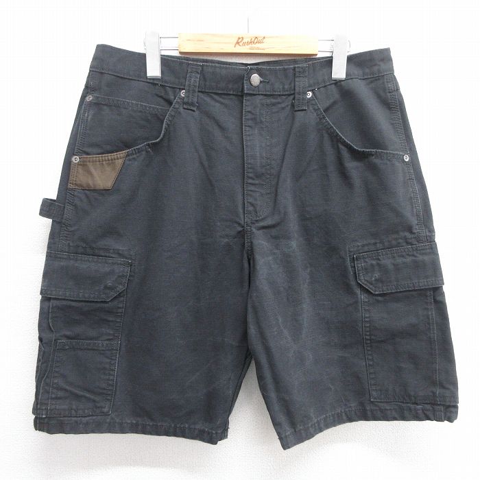 W34★古着 ラングラー Wrangler ショート カーゴ ペインター パンツ ショーツ メンズ リップストップ コットン 黒 ブラック 25apr28 中古 ボトムス 短パン ショーパン