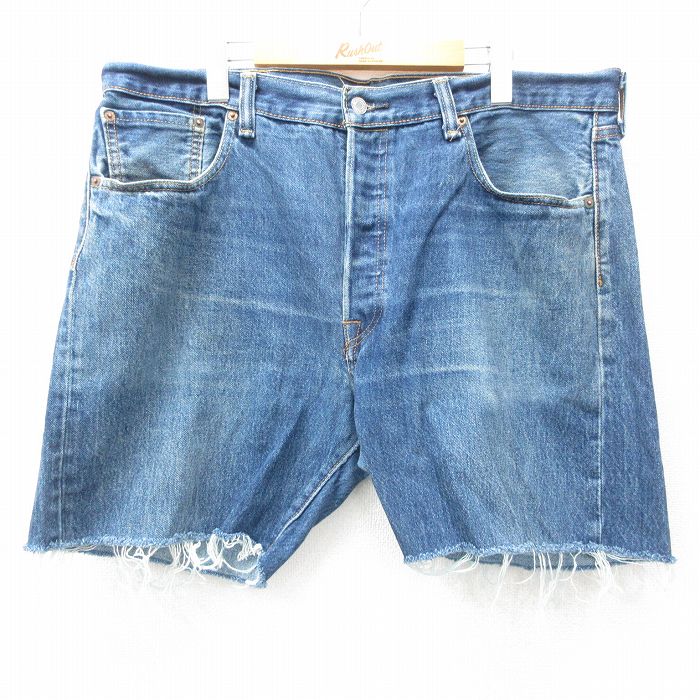 W38★古着 リーバイス Levis 501 ショート パンツ ショーツ メンズ ヒゲ コットン 紺 ネイビー デニム 25apr28 中古 ボトムス 短パン ショーパン ハーフ