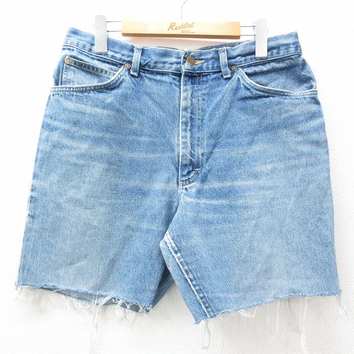 W32★古着 リー Lee ショート パンツ ショーツ メンズ 80年代 80s ヒゲ コットン USA製 タロン 紺 ネイビー デニム 【spe】 25apr28 中古 ボトムス 短パン ショーパン ハーフ