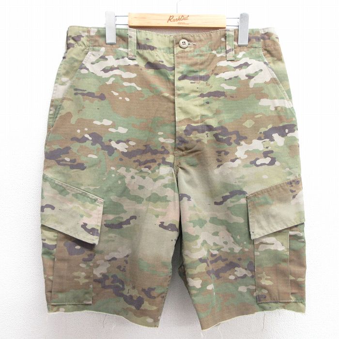 W35★古着 ショート ミリタリー カーゴ パンツ ショーツ メンズ マルチカムカモ リップストップ 薄緑他 グリーン 迷彩 【spe】 25apr28 中古 ボトムス 短パン ショーパン