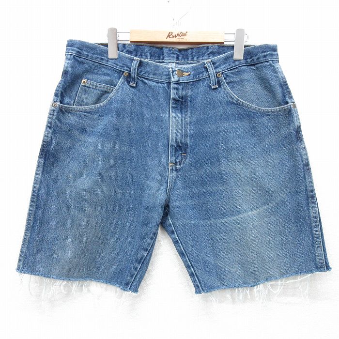 W36★古着 ラングラー Wrangler ショート パンツ ショーツ メンズ ヒゲ コットン 紺 ネイビー デニム 25apr30 中古 ボトムス 短パン ショーパン ハーフ