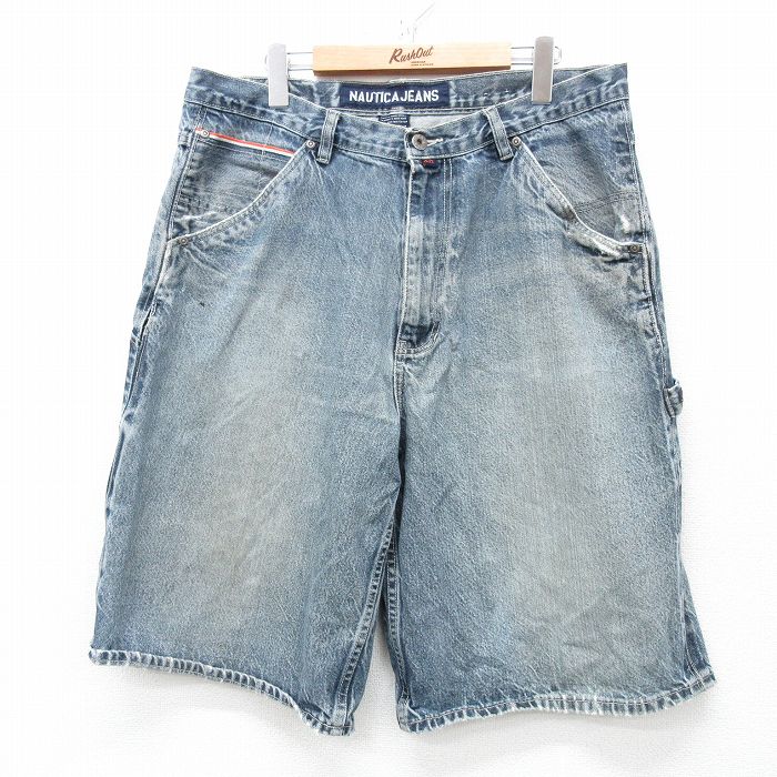 W36★古着 ノーティカ NAUTICA ブランド ショート ペインター パンツ ショーツ メンズ ヒゲ コットン 薄紺 ネイビー デニム 【spe】 25apr30 中古 ボトムス 短パン ショーパン