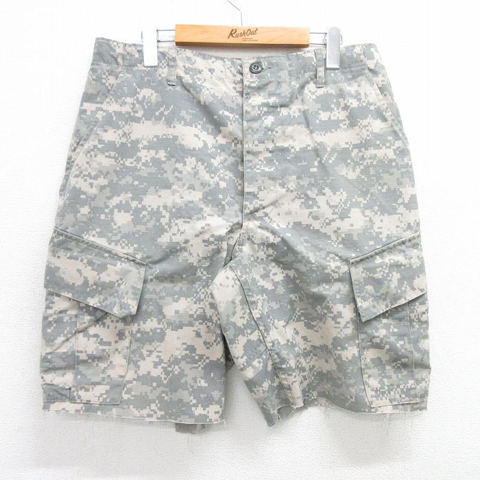 W34★古着 ショート ミリタリー カーゴ パンツ ショーツ メンズ アーミー ARMY コンバット リップストップ デジタルカモ USA製 グレー他 迷彩 25apr30 中古 ボトムス 短パン ショーパン