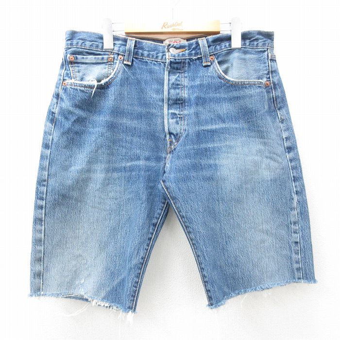 W34★古着 リーバイス Levis 501 ショート パンツ ショーツ メンズ ヒゲ コットン 紺 ネイビー デニム 【spe】 25may08 中古 ボトムス 短パン ショーパン ハーフ