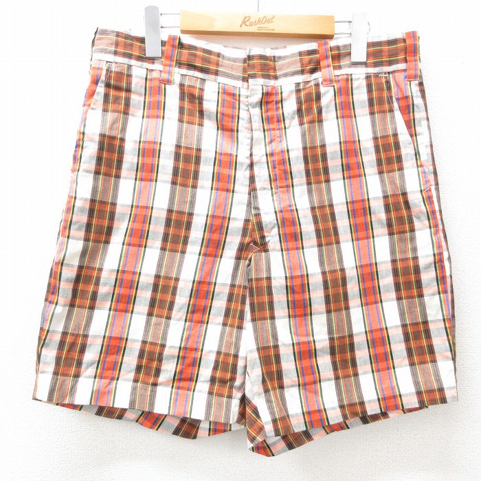 W36★古着 ショート スラックス パンツ ショーツ メンズ 80年代 80s 赤他 レッド チェック 25may08 中古 ボトムス 短パン ショーパン