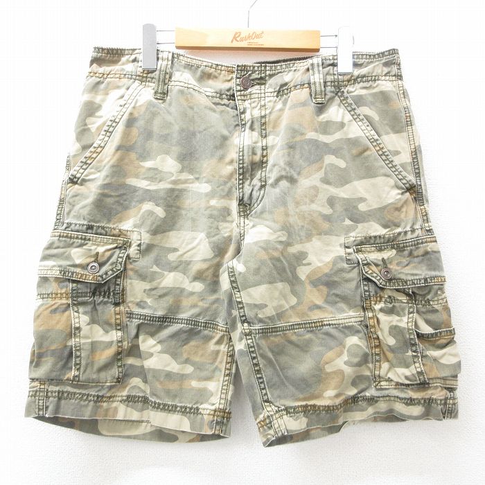 W34★古着 リーバイス Levis ショート カーゴ パンツ ショーツ メンズ コットン 緑 グリーン 迷彩 25may08 中古 ボトムス 短パン ショーパン