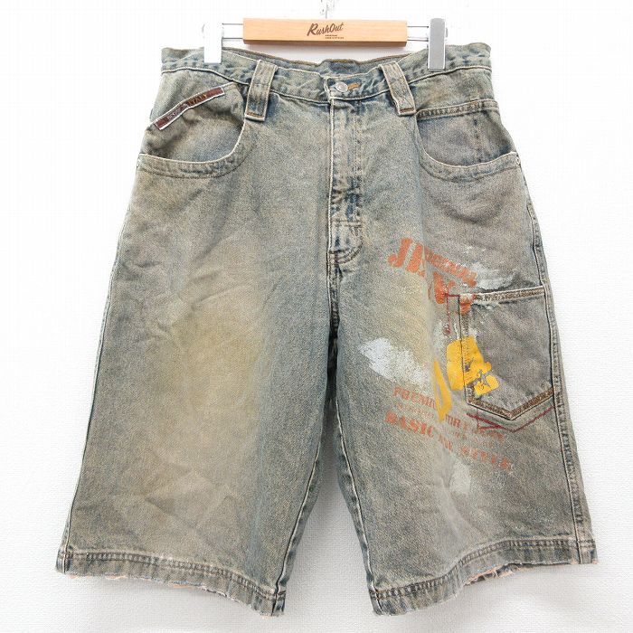 W33★古着 ハーフ パンツ ショーツ メンズ FOX コットン 紺 ネイビー デニム 25may08 中古 ボトムス 短パン ショーパン ショート