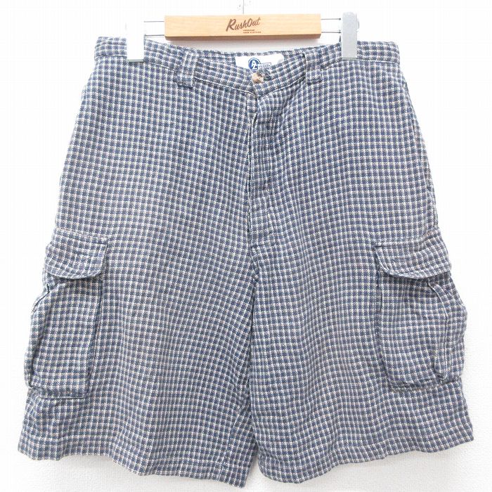 W34★古着 アリゾナジーンズ ショート カーゴ パンツ ショーツ メンズ 00年代 00s コットン 紺他 ネイビー チェック 25may08 中古 ボトムス 短パン ショーパン