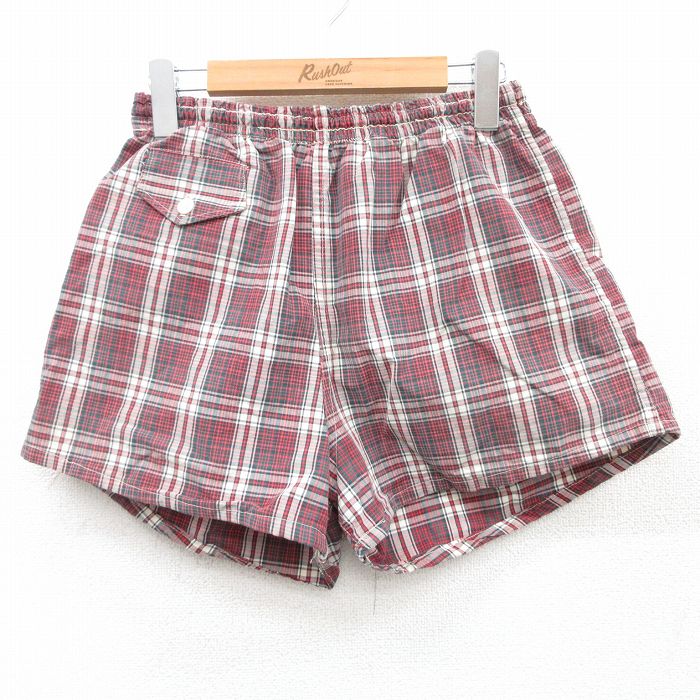 【50%OFF】W27★古着 キャンパス ビンテージ ショート パンツ ショーツ メンズ 60年代 60s 赤他 レッド チェック 【spe】 25may10 中古 ボトムス 短パン ショーパン ハーフ