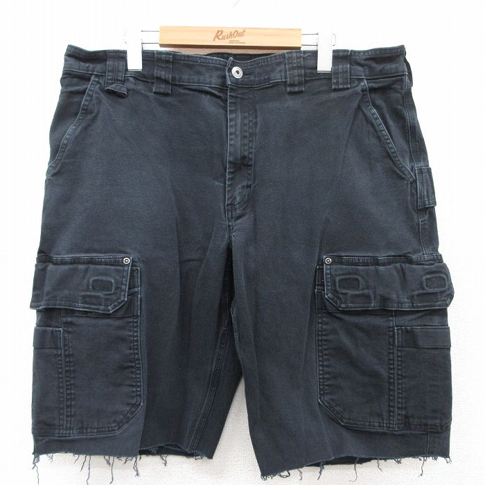 W40★古着 ショート カーゴ パンツ ショーツ メンズ ダック地 大きいサイズ 黒 ブラック 25may12 中古 ボトムス 短パン ショーパン