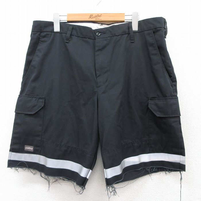 W37★古着 ショート ワーク カーゴ パンツ ショーツ メンズ リフレクター 黒他 ブラック 25may12 中古 ボトムス 短パン ショーパン