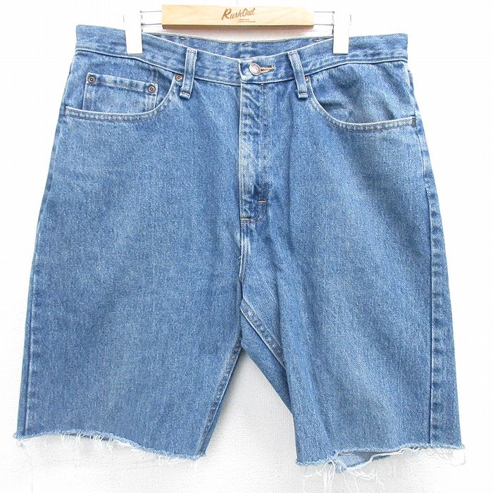 W36★古着 ラングラー Wrangler ショート パンツ ショーツ メンズ コットン 紺 ネイビー デニム 25may14 中古 ボトムス 短パン ショーパン ハーフ