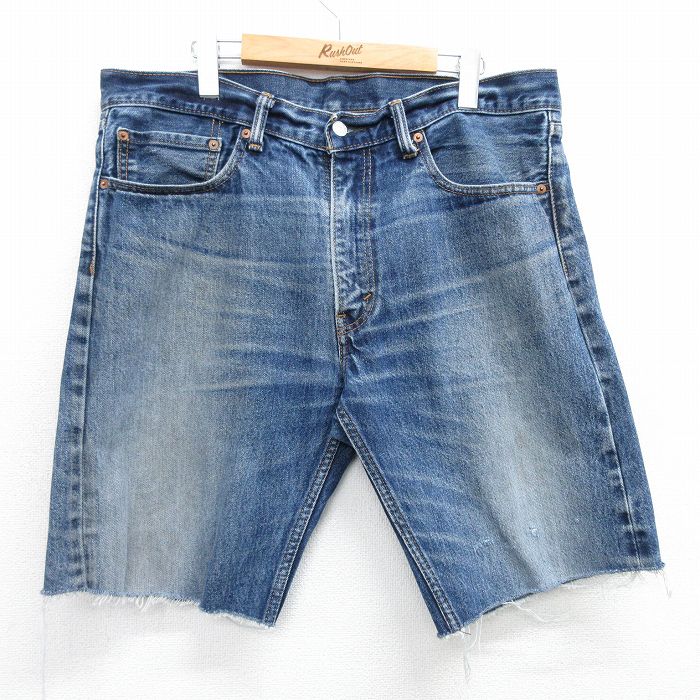 W37★古着 リーバイス Levis ショート パンツ ショーツ メンズ ヒゲ コットン 紺 ネイビー デニム 25may14 中古 ボトムス 短パン ショーパン ハーフ