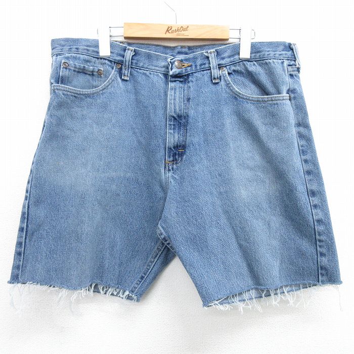 【50%OFF】W37★古着 ラングラー Wrangler ショート パンツ ショーツ メンズ コットン 紺 ネイビー デニム 25may14 中古 ボトムス 短パン ショーパン ハーフ