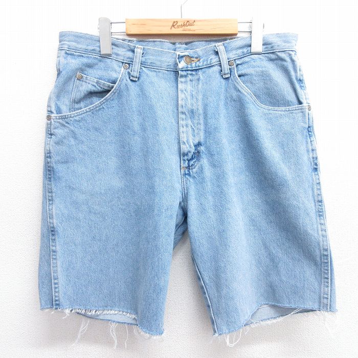 W35★古着 ラングラー Wrangler ショート パンツ ショーツ メンズ コットン 薄紺 ネイビー デニム 25may14 中古 ボトムス 短パン ショーパン ハーフ