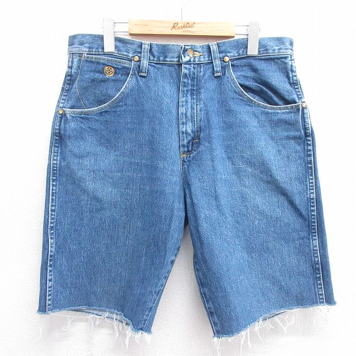 W35★古着 ラングラー Wrangler ショート パンツ ショーツ メンズ コットン 紺 ネイビー デニム 25may14 中古 ボトムス 短パン ショーパン ハーフ