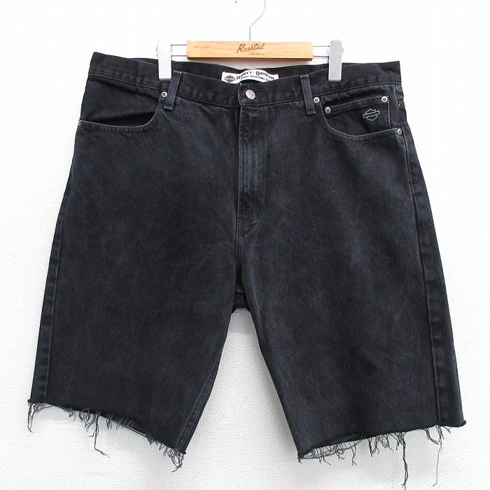 W40★古着 ハーレーダビッドソン Harley Davidson ショート パンツ ショーツ メンズ 大きいサイズ コットン 黒 ブラック デニム 25may16 中古 ボトムス 短パン ショーパン ハーフ