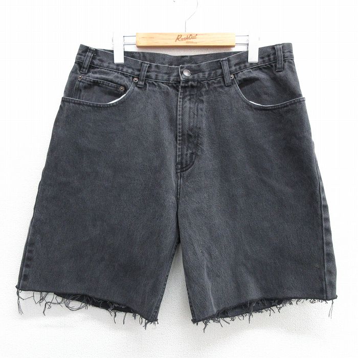 W35★古着 ショート パンツ ショーツ メンズ 80年代 80s コットン 黒 ブラック デニム 25may16 中古 ボトムス 短パン ショーパン ハーフ