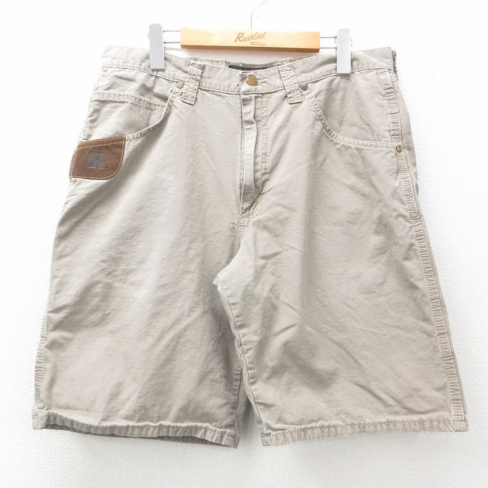 W34★古着 ラングラー Wrangler ショート パンツ ショーツ メンズ リップストップ ダック地 コットン 薄ベージュ カーキ 25may16 中古 ボトムス 短パン ショーパン ハーフ