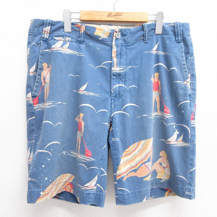 W36★古着 ラルフローレン Ralph Lauren ブランド ショート パンツ ショーツ メンズ 海 パラソル ヨット 総柄 コットン 紺他 ネイビー 【spe】 25may17 中古 ボトムス 短パン ショーパン ハーフ