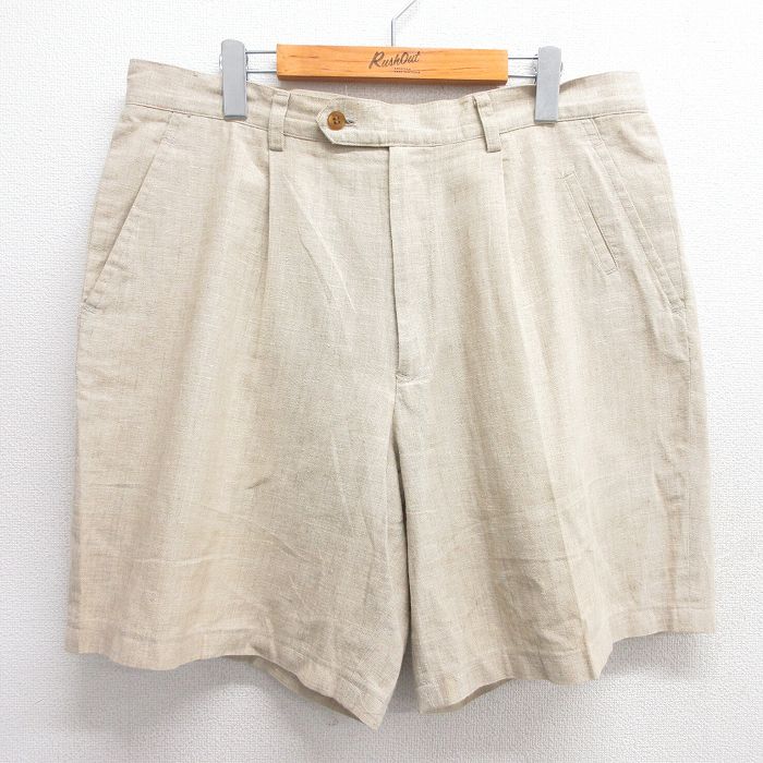 W36★古着 ペリーエリス ショート パンツ ショーツ メンズ 90年代 90s リネン ベージュ カーキ 25may20 中古 ボトムス 短パン ショーパン ハーフ