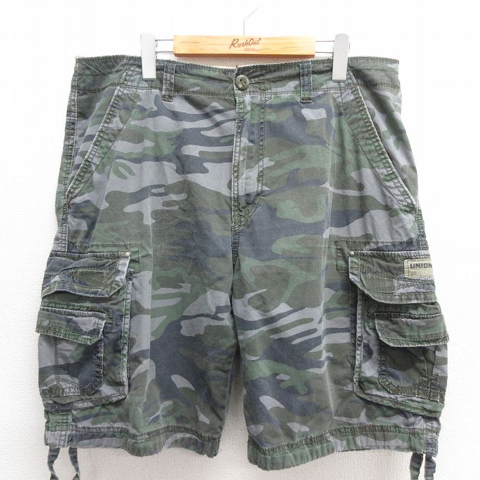 W38★古着 ユニオンベイ ショート カーゴ パンツ ショーツ メンズ コットン 緑 グリーン 迷彩 25may26 中古 ボトムス 短パン ショーパン
