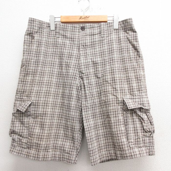 W37★古着 エディーバウアー ショート カーゴ パンツ ショーツ メンズ コットン グレー他 チェック 25may26 中古 ボトムス 短パン ショーパン