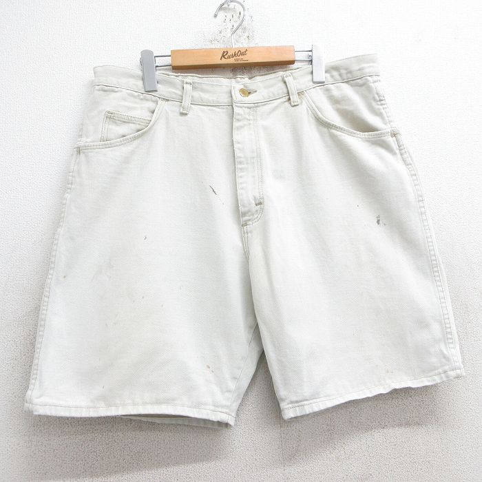 W38★古着 ラングラー Wrangler ショート パンツ ショーツ メンズ 薄ベージュ系 カーキ デニム 25may28 中古 ボトムス 短パン ショーパン ハーフ