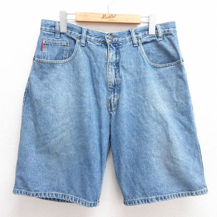W36★古着 ビューグルボーイ ショート パンツ ショーツ メンズ 90年代 90s コットン 紺 ネイビー デニム 25may30 中古 ボトムス 短パン ショーパン ハーフ