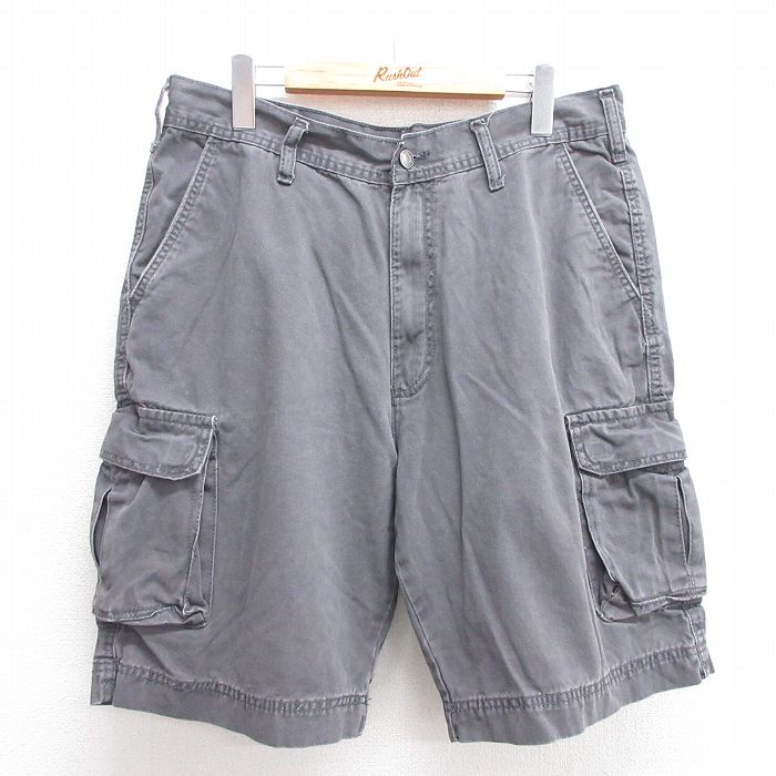 W34★古着 ショート カーゴ パンツ ショーツ メンズ コットン 濃グレー 25may31 中古 ボトムス 短パン ショーパン