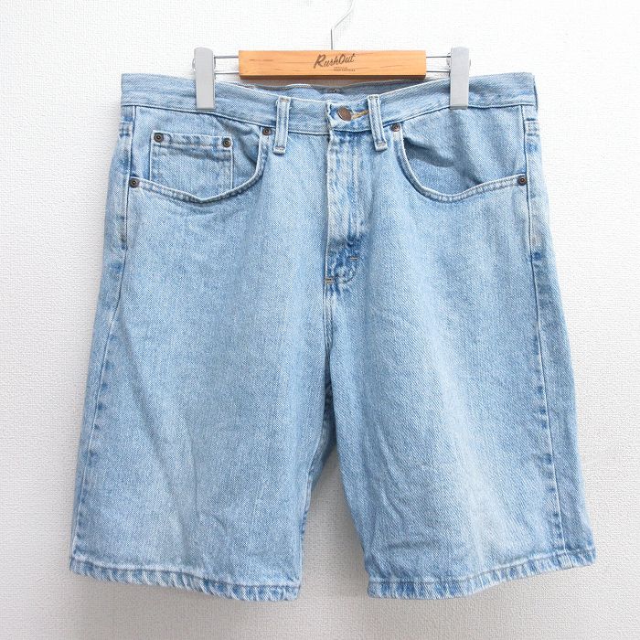 W34★古着 ラングラー Wrangler ショート パンツ ショーツ メンズ コットン 薄紺 ネイビー デニム 25may31 中古 ボトムス 短パン ショーパン ハーフ