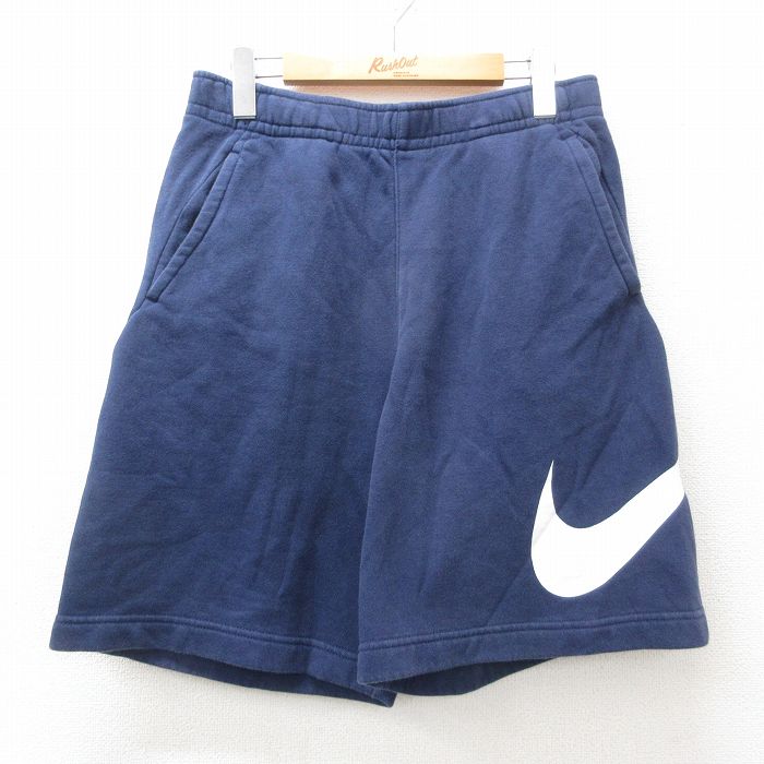 W32★古着 ナイキ NIKE ショート スウェット パンツ ショーツ メンズ ビッグロゴ 紺 ネイビー 25may31 中古 ボトムス 短パン ショーパン
