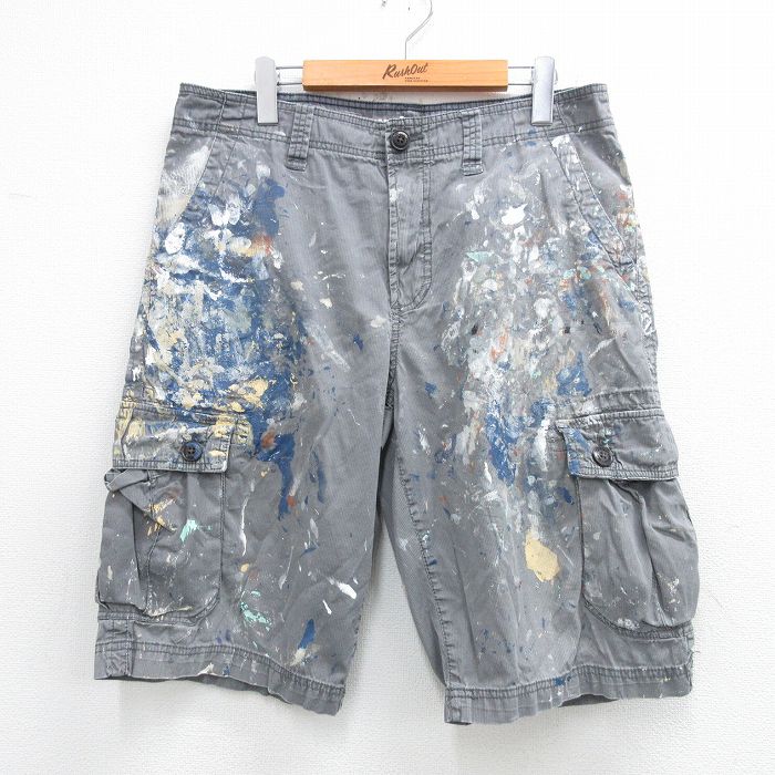 W34★古着 ショート カーゴ パンツ ショーツ メンズ ハンドペイント コットン グレー 25may31 中古 ボトムス 短パン ショーパン