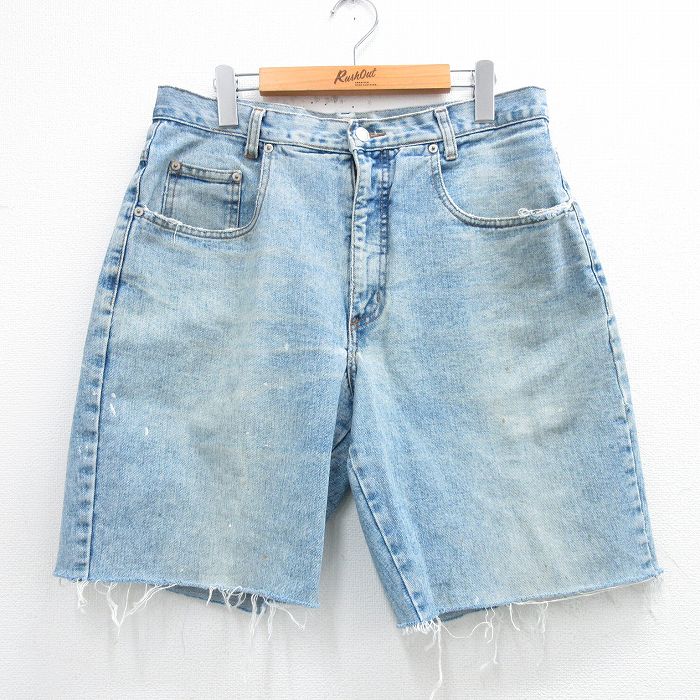W33★古着 ゲス GUESS ブランド ショート パンツ ショーツ メンズ 90年代 90s ヒゲ コットン USA製 薄紺 ネイビー デニム 【spe】 25may31 中古 ボトムス 短パン ショーパン ハーフ