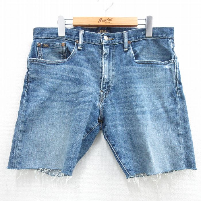 W34★古着 ラルフローレン Ralph Lauren ブランド ショート パンツ ショーツ メンズ ヒゲ 紺 ネイビー デニム 25may31 中古 ボトムス 短パン ショーパン ハーフ