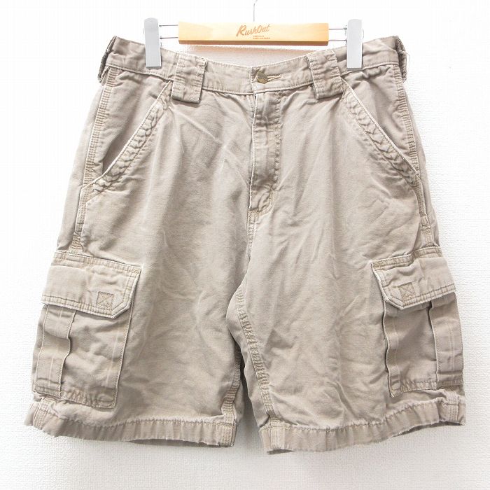 W32★古着 カーハート Carhartt ショート カーゴ パンツ ショーツ メンズ ワンポイントロゴ ダック地 薄茶 ブラウン 25jun11 中古 ボトムス 短パン ショーパン