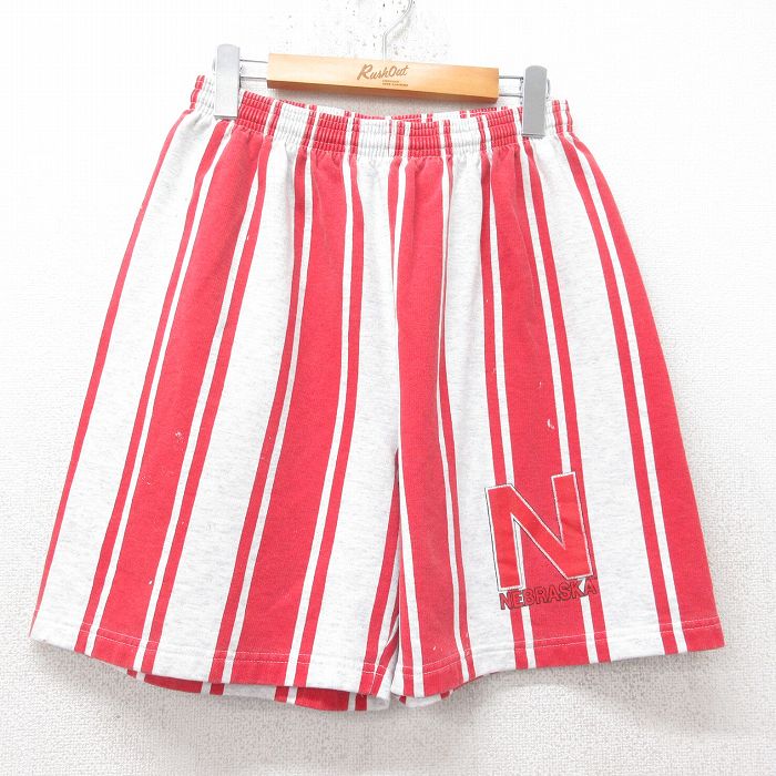W33★古着 ショート スウェット パンツ ショーツ メンズ 00年代 00s ネブラスカ 赤他 レッド ストライプ 25jun11 中古 ボトムス 短パン ショーパン