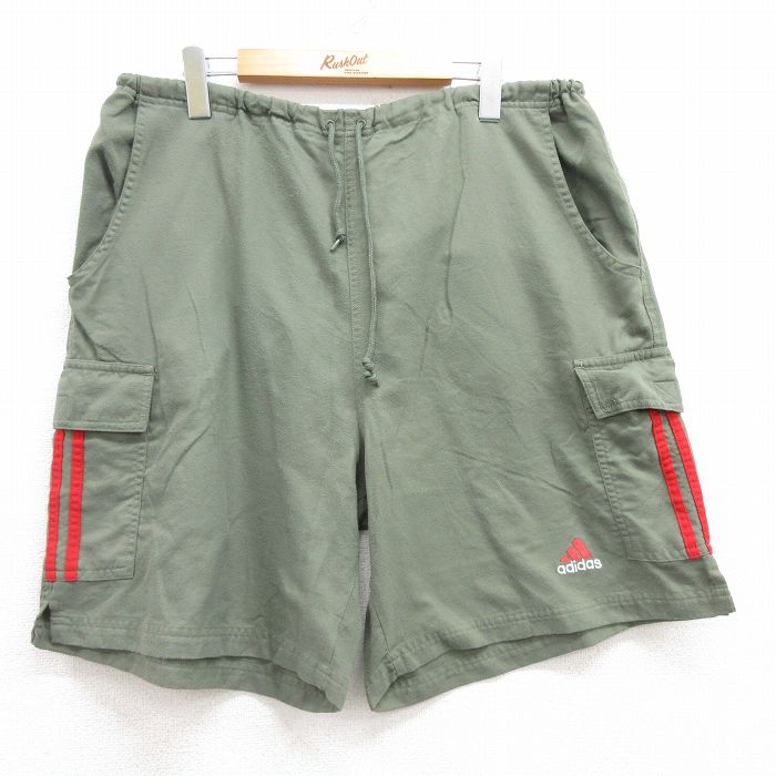 W36★古着 アディダス adidas ショート ナイロン カーゴ パンツ ショーツ メンズ 90年代 90s ワンポイントロゴ 濃緑 グリーン 3本ライン 【spe】 25jun13 中古 ボトムス 短パン ショーパン