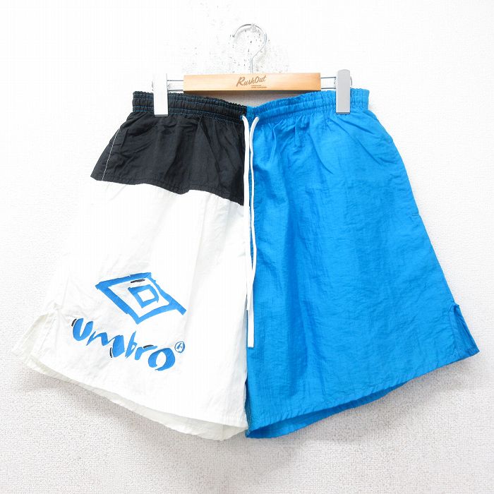 W30★古着 アンブロ ショート ナイロン イージー パンツ ショーツ メンズ 90年代 90s ビッグロゴ USA製 水色他 25jun13 中古 ボトムス 短パン ショーパン